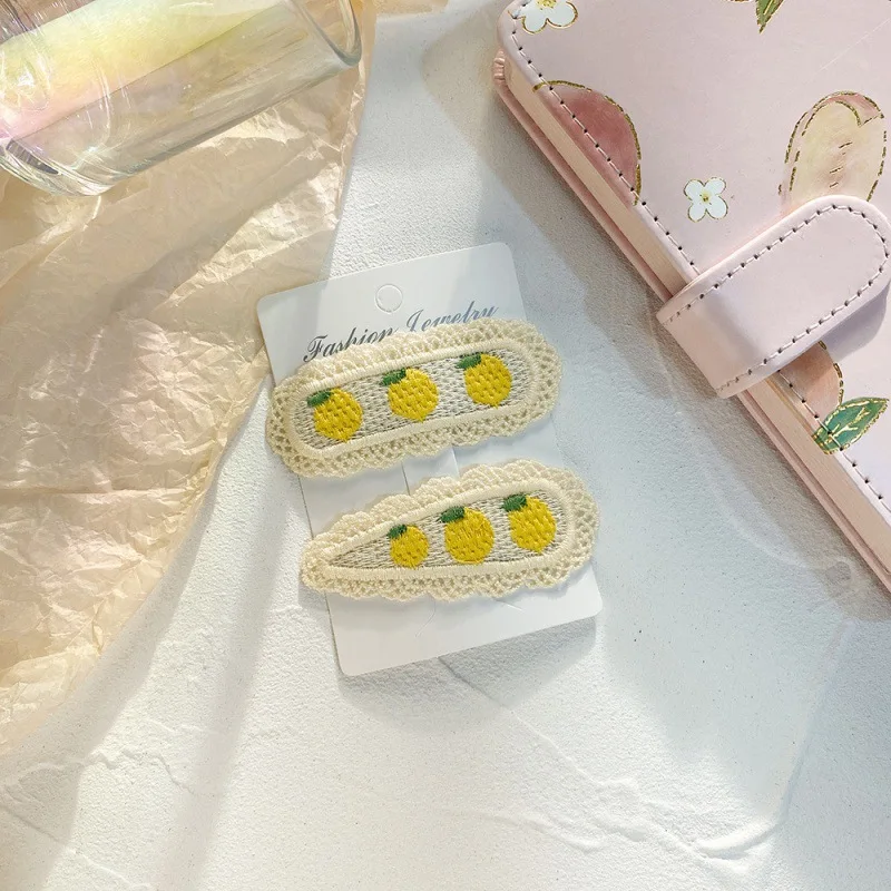 قطعتان من مشبك شعر الأطفال الجديد، مشبك قماش لطيف على شكل فيونكة BB، إكسسوار شعر أميرات منسوج بالفواكه الكورية #2