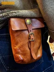 Top Quality Men Cowhide Genuine Leather Waist Bag Small Vertical Mobile Phone Bag Vintage Work Flap Mini Pouch