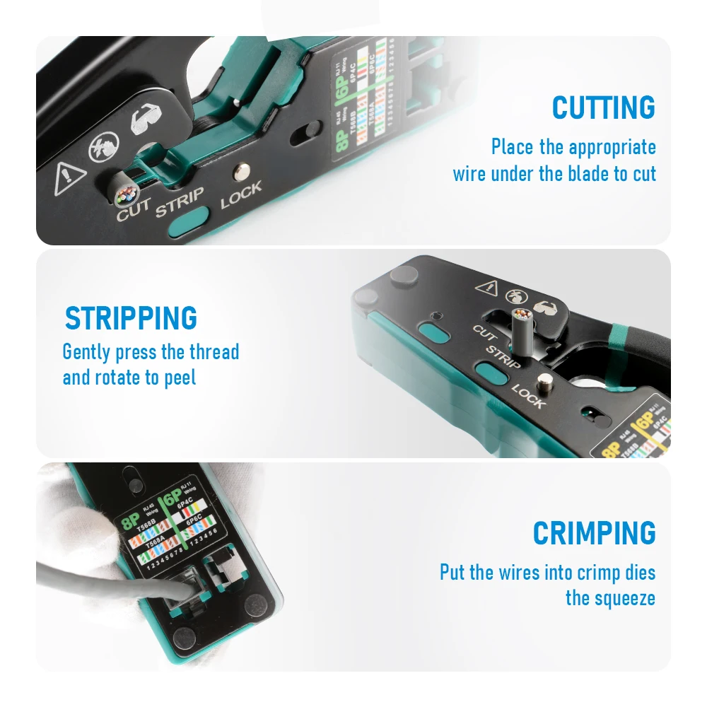 أداة تجعيد RJ45 RJ12/11 أداة تجعيد ذو طيات المكشكش من خلال إيثرنت لموصلات Cat6 Cat5 Cat5e RJ45