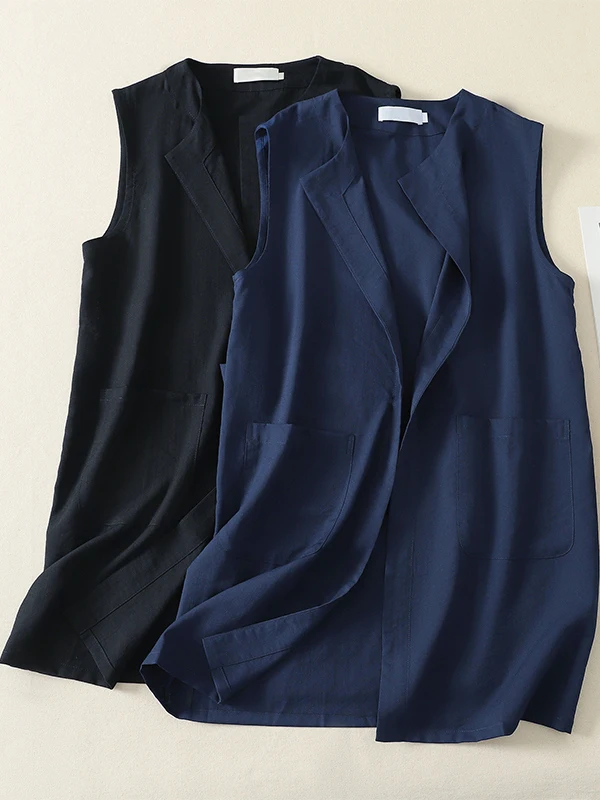 Cotton Linen Vest Women's Mid-Length Sleeveless Outerwear Spring Autumn Versatile Open Cardigan Jacket Artistic Style