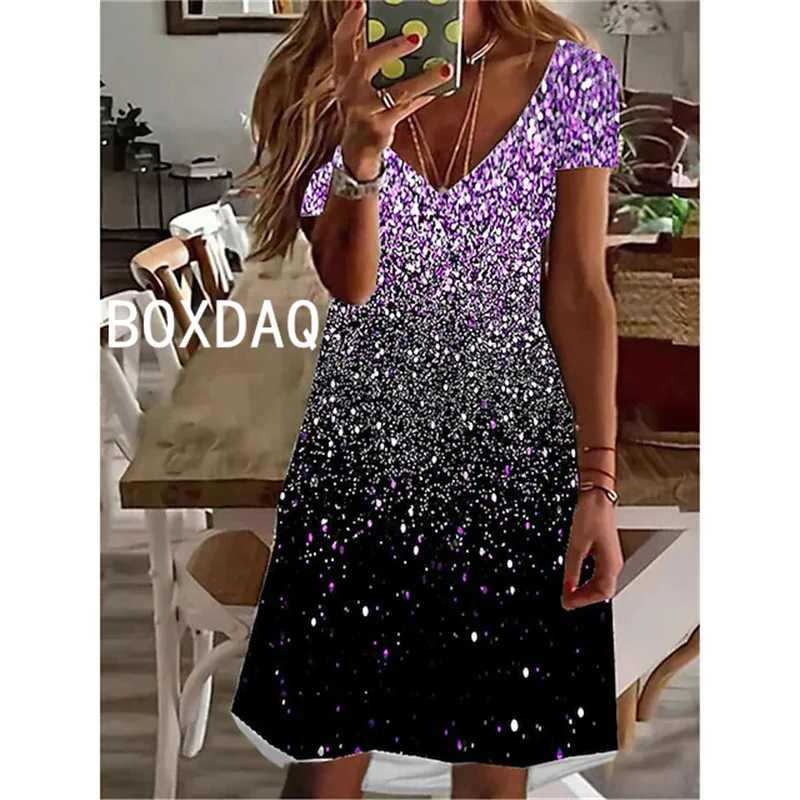 

Big Size Women Dress Fashion Gradient Colorful Print Mini Dress Summer Short Sleeve V-Neck A-Line Dress Casual Vestidos De Mujer