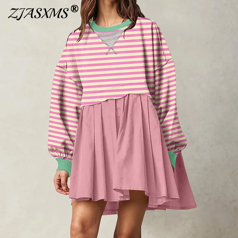 Spring Striped Patchwork Solid Pleated Dresses Women Elegant Round Neck Sweatshirt Dress Autumn Long Sleeve Loose Pullover Dress