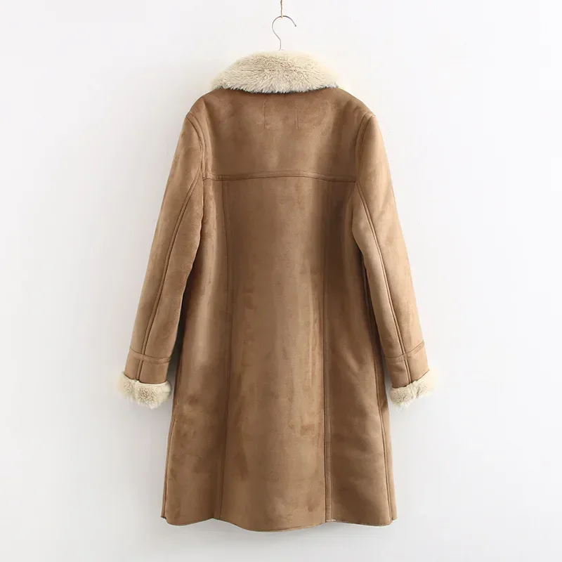 Thick Warm Long Suede Jacket Parka Trench Faux Shearling Sheepskin Leather Lamb Fur Coat Vintage Female Overcoat Outwear Z87