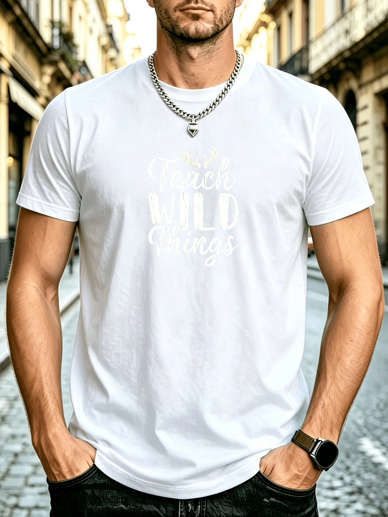Men'S Teach Wild Things with Antler Print Funny T-Shirt Father'S Day Gift