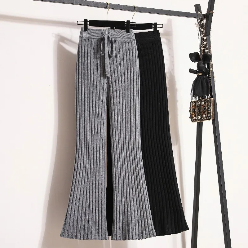 

plus Size Women's Casual Pants Spring Fashion Knitted Micro Flared Slimming Design Versatile High Waist Long Pants Korean Style