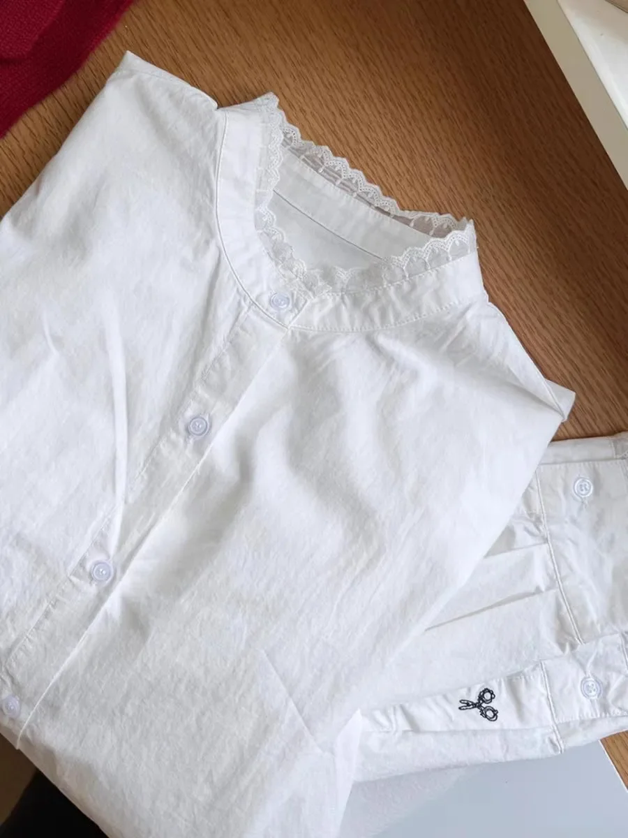 

2025 Spring New White Shirt Long Sleeve Lace Women, Commuter Versatile Loose Thin Long Sleeve Shirt
