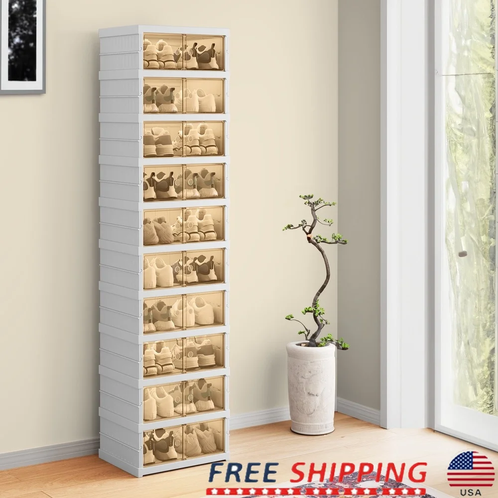 

10 Tier 20 Pair Shoe Storage Organizer Stackable Design Magnetic Doors Easy Assembly Anti-Tipping Durable Clear Viewing Entryway