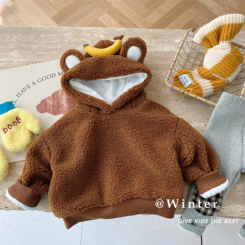 

Autumn Winter Plush Solid Cute Hooded Long Sleeve Baby Hoodies Korean Style Cartoon Casual Newborn Kids Sweatshirt Fashion