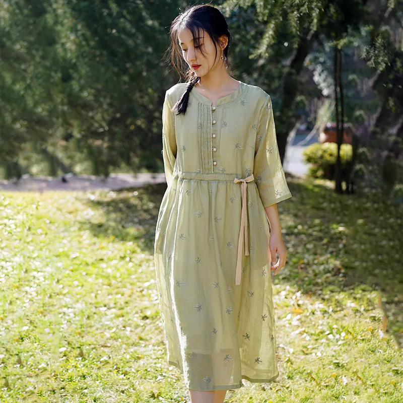 

Mori Girl Style Elegant Cotton Linen Women Dress Spring Summer Light Luxury Soft Breathable High Waist Belt Aesthetic Long Dress