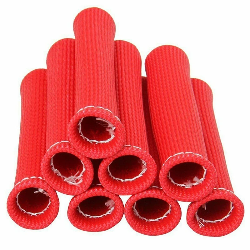 8 PCS 2500° Car Accessories Spark Plug Wire Boots Engine Heat Shield Protector Sleeve 350 Red