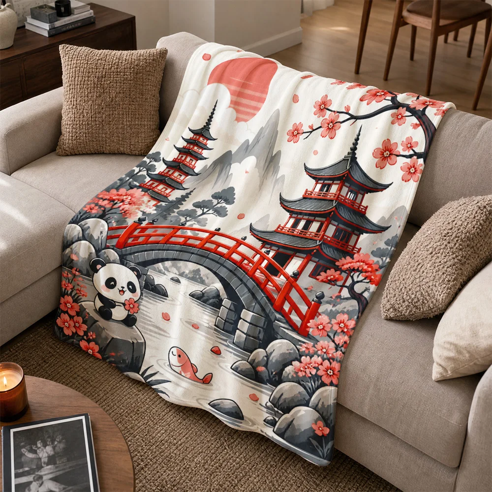 Luxury Panda Panda Chinese Style Pagoda Bridge Sakura Blossom Sofa Blanket Throw Tapestry Art Decor
