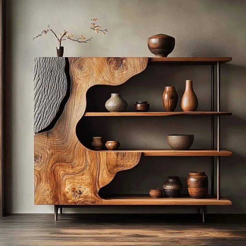 Muebles de Madera Maciza: Mesa de Té con Estructura de Tronco y Estanterías para Salas de Té, Alojamientos y Hoteles, Mobiliario para Toda la Casa