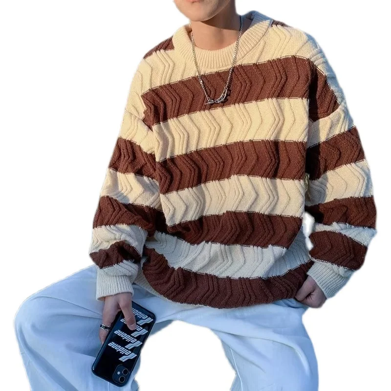 سترة رجالية فضفاضة محبوكة للخريف والشتاء، مقاس كبير يصل إلى 35 كجم، بنمط كوري مخطط، سترة كاجوال للزوجين #4