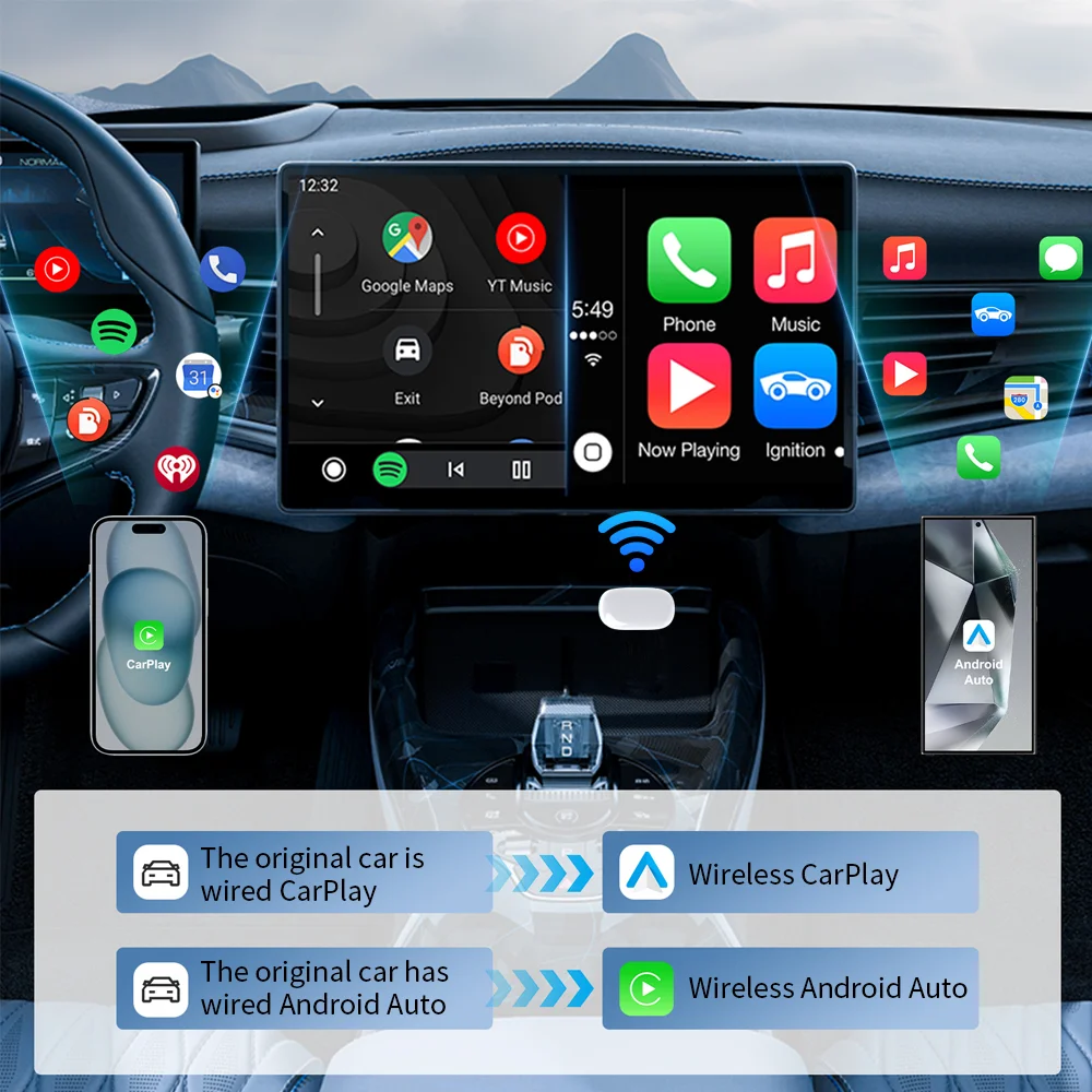 Adaptador inalámbrico CarPlay Android Auto Mini caja inteligente Plug And Play WiFi conexión rápida Universal BT5.0 Siri 2 en 1 GPS