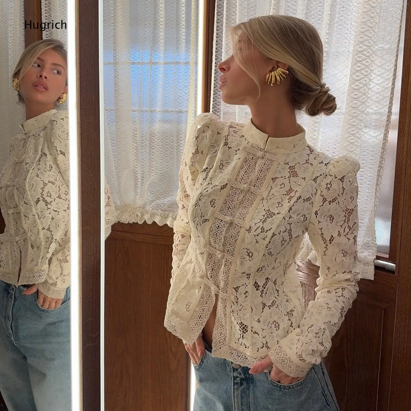 Retro Hollow Lace Slim Shirt Chinese Closure Long Sleeve Cropped See Through Blouse for Daily Holiday Wear