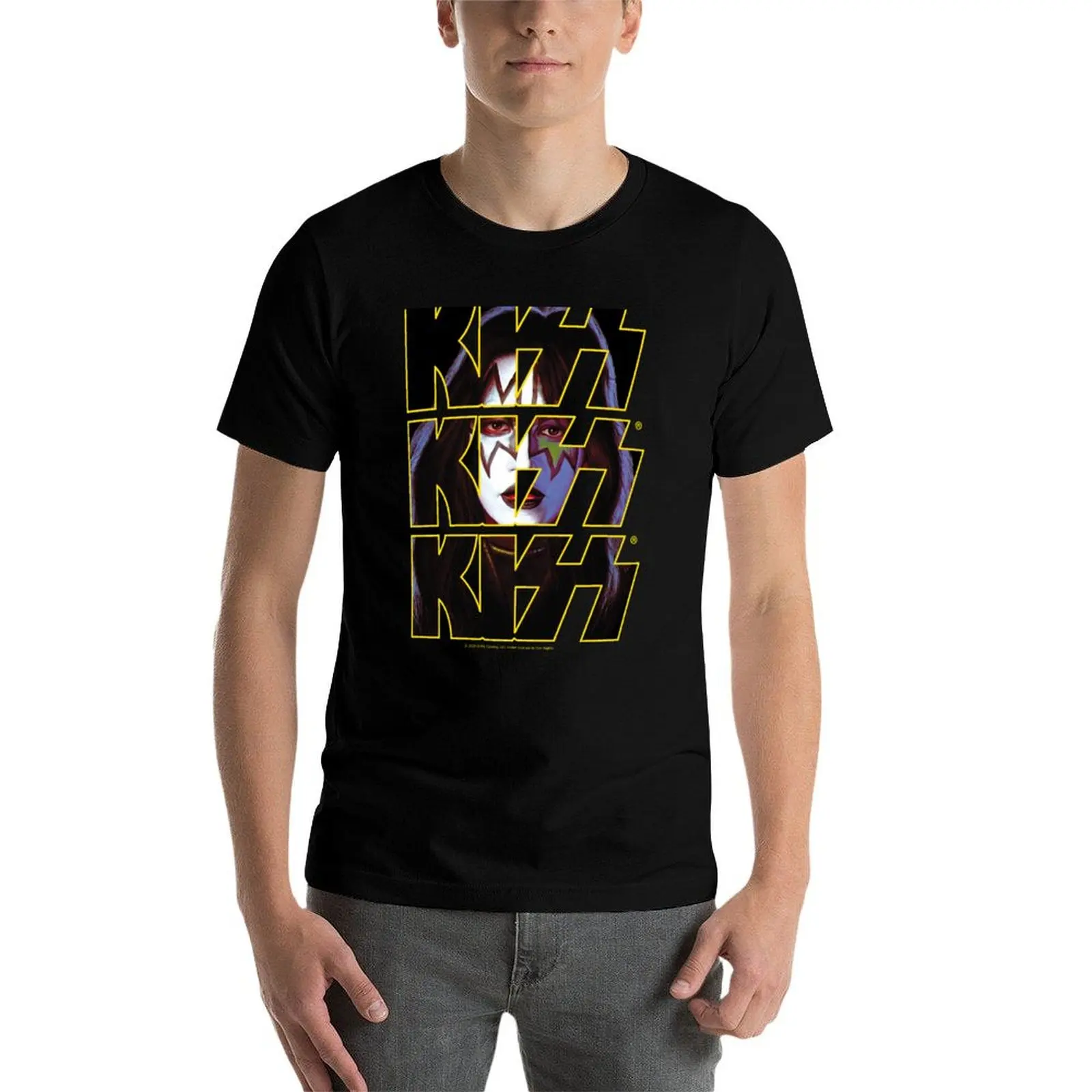 เสื้อยืดลายกราฟิกสำหรับผู้ชายเสื้อยืดลายอวกาศโลโก้ Kiss Band Triple เสื้อยืดกราฟิกเสื้อยืดขนาดใหญ่สำหรับผู้ชาย