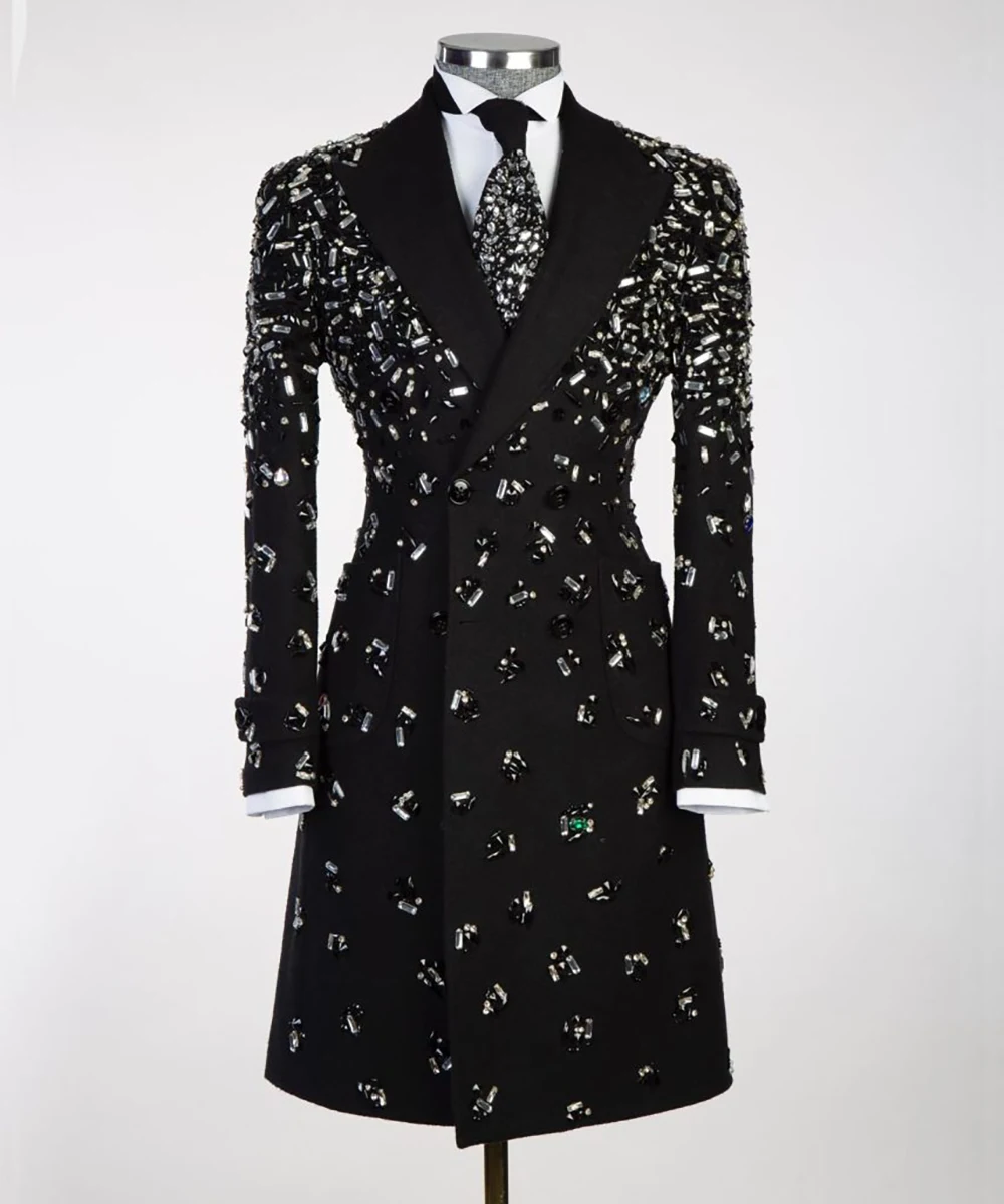 Męska, długa kurtka z wełny z ciężkimi zdobieniami, dwurzędowa, zimowa, z klapami w szpic, gruby płaszcz, szyta na miarę.