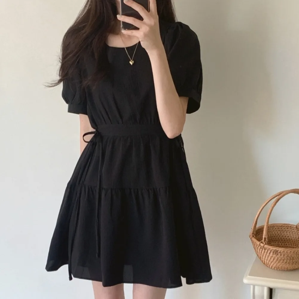 

Women's Summer Dress Drawstring Waist Bubble Sleeve round Neck Short A-Line Skirt Slimming Effect Commute Style Casual Dress