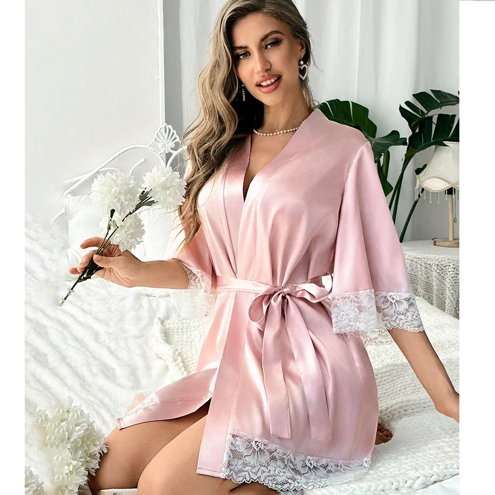Ladies' Short-Sleeve Satin Lace Trim Kimono