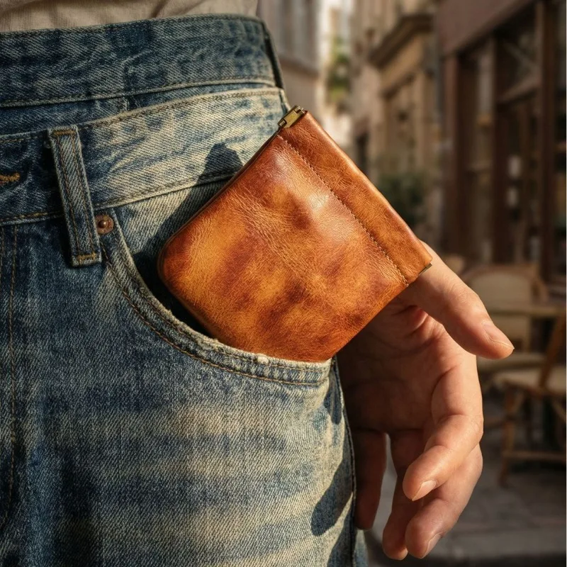 Genuine Leather Squeeze Coin Purse, Automatic Closure Vintage Cowhide Change Wallet, Mini Wallet for Coins, Cards & Small Items
