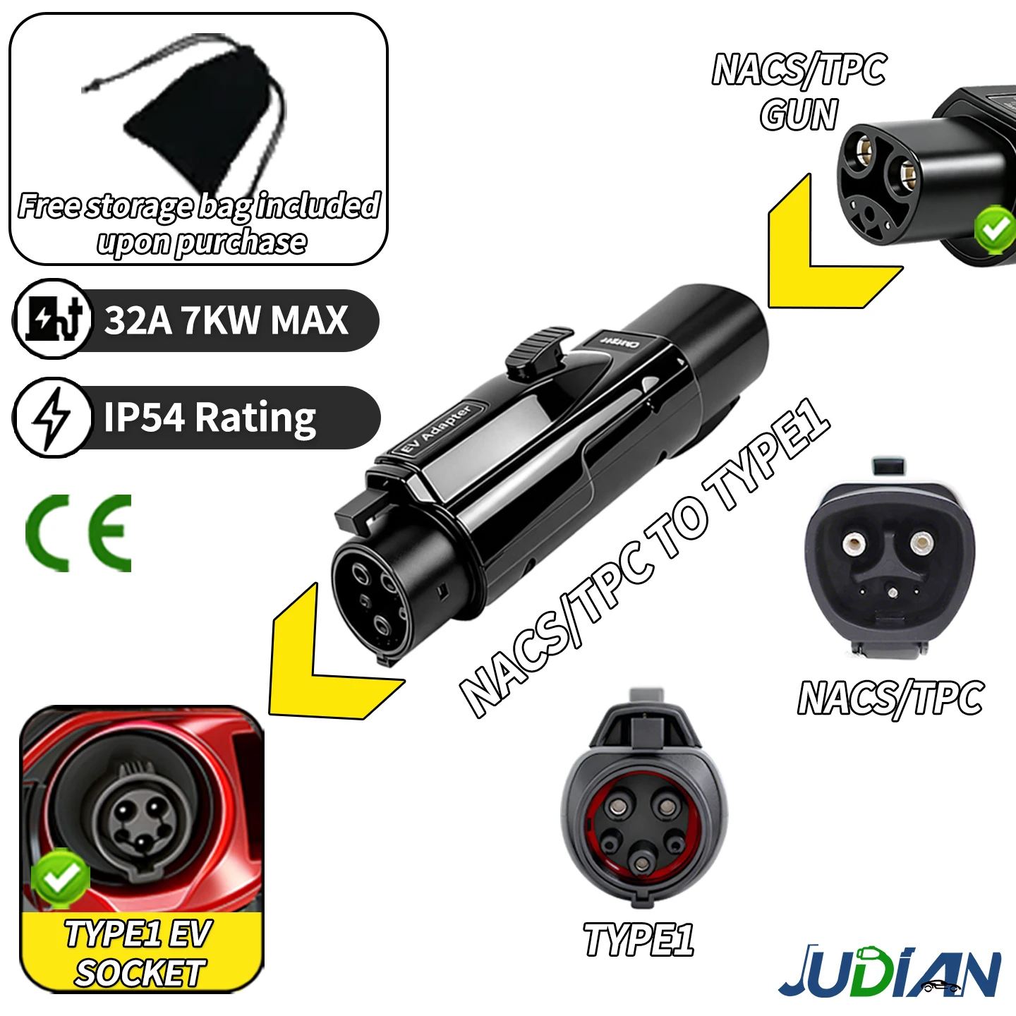 32A 7KW NACS/TPC EV Electric Vehicle Charging Adapter with Anti-Theft Lock Tesla Charging Station to GBT Type2 Type1 Adapter for