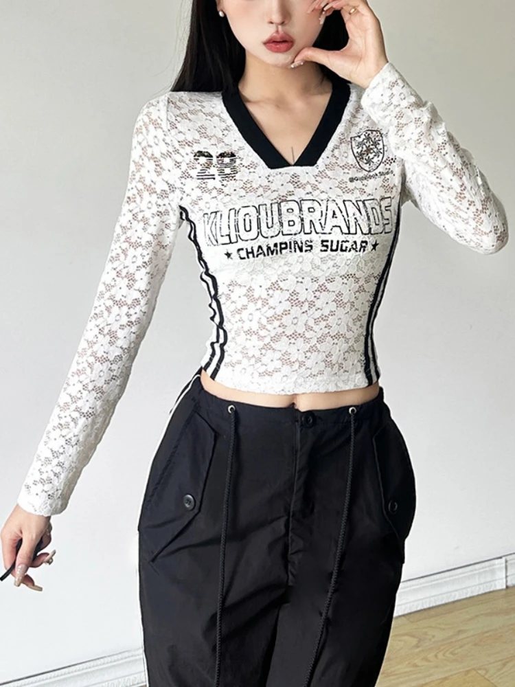 Letters Print T Shirts For Women Y2k Clothes V-neck Crop Top Long Sleeve Camisetas Lace Feminist Shirt Slim Fit Ropa De Mujer
