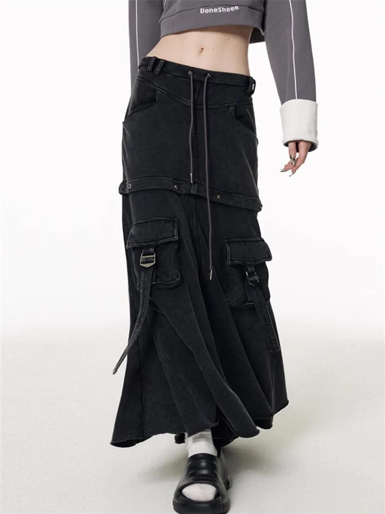 

Women‘s Detachable Design Loose Cargo Denim Skirt Multiple Pockets Elastic Waist Drawstring Female Black Gray A-line Long Skirt