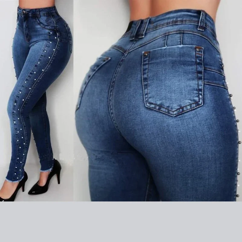 Jeans Pants Woman High Waist Slim Skinny Elastic Denim Trousers Femme Vintage Blue Beading Push Up Pencil Jeans