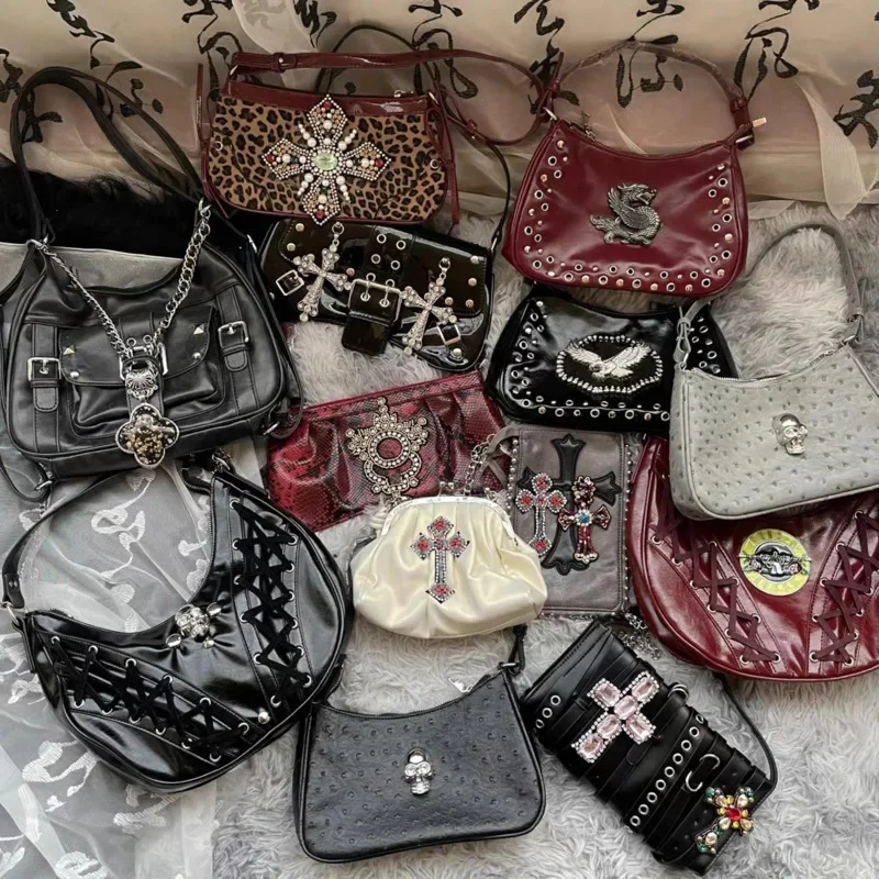 

Y2K Leopard Print Tote Bag Punk Subculture Original Rivet Cross Bright Diamond Square Bag Original Shoulder Crossbody Bag New