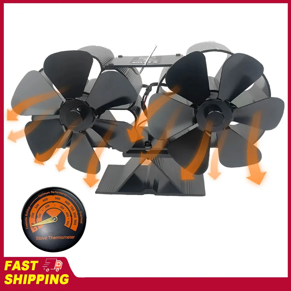 

Вентилятор для дровяной печи с двумя бесшумными моторами, работающий от тепла, 4 лопасти, неэлектрический, с кронштейном и магнитным термометром