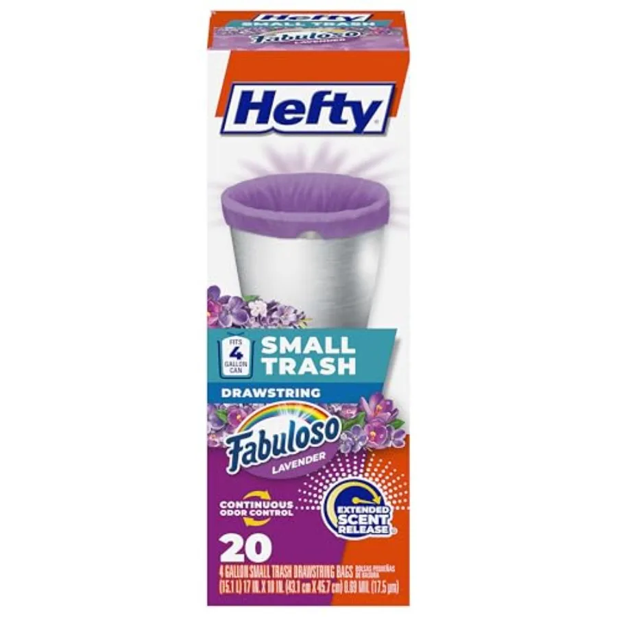 Small Trash Bags, 4 Gallon, Purple, Fabuloso Lavender Scented Garbage Bags with Drawstring Closure, 20 Bags
