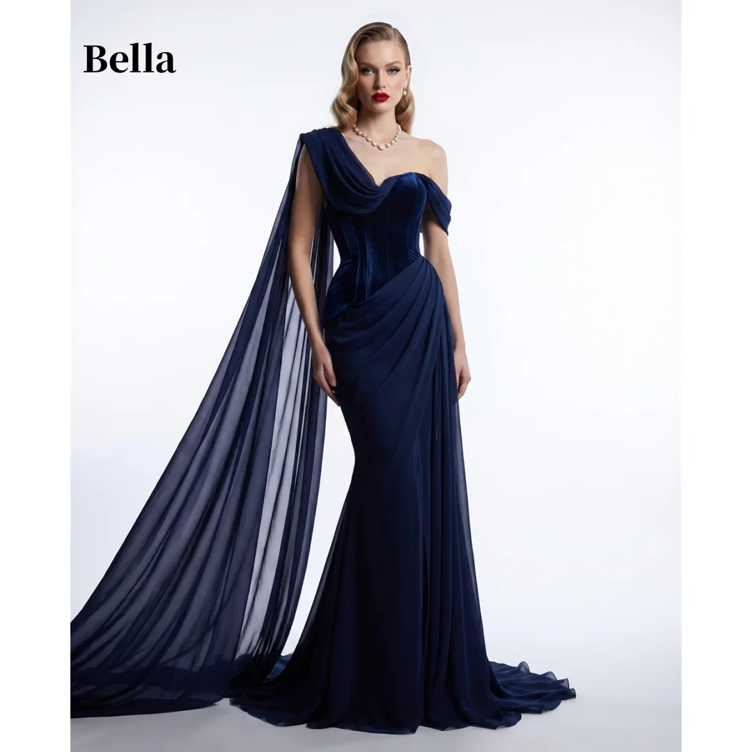 Bella One Shoulder Velvet Chiffon Cape Train Prom Dresses Long Draped Formal Evening Gowns Navy Blue Wedding Guest Party Dress