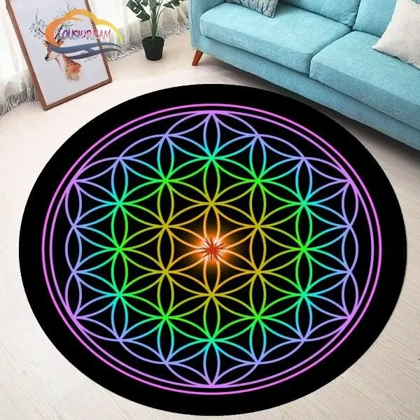Sacred Planet Geometry Flower of Life Round Carpets Yoga Mat Cushion Living Room Bedroom Study Rug Print Anti-Slip Chair Mat