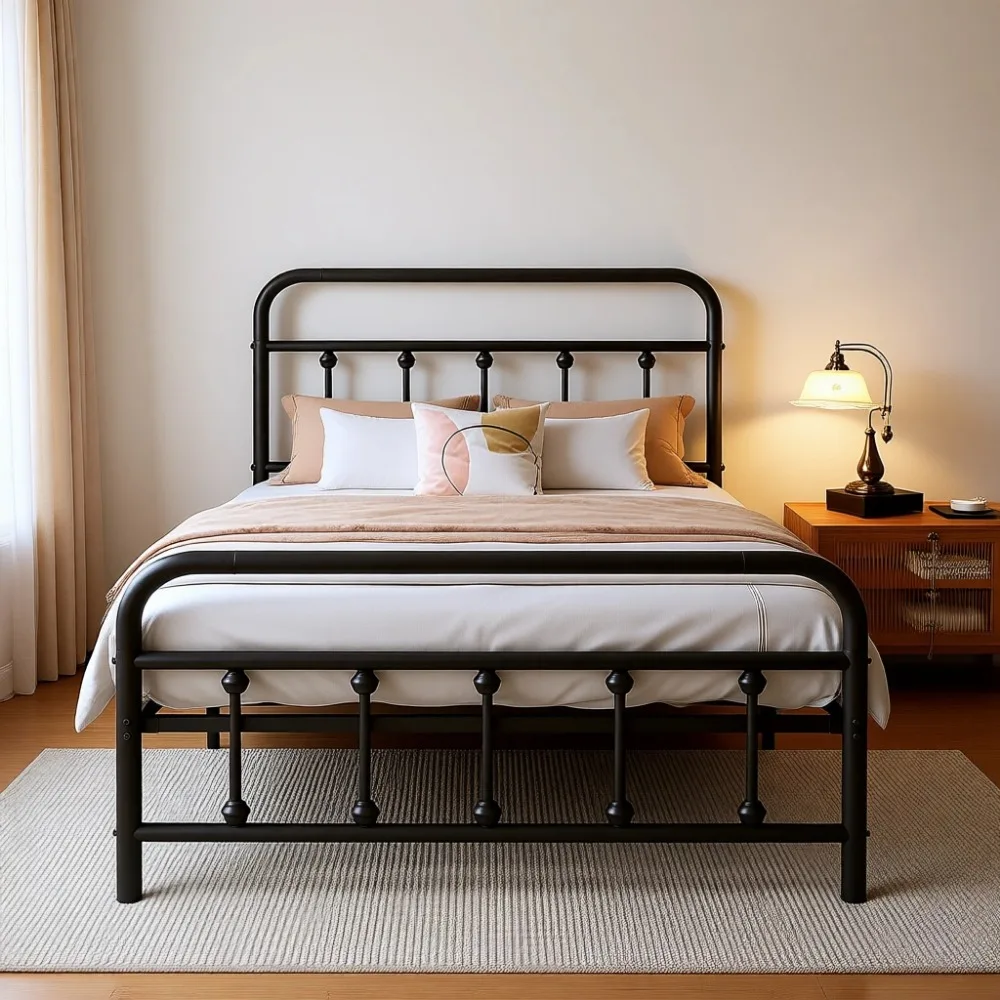 

Двуспальная металлическая кровать с изголовьем, усиленная стальная рама, ящики для хранения под кроватью, не требует пружинного блока, 14 дюймов