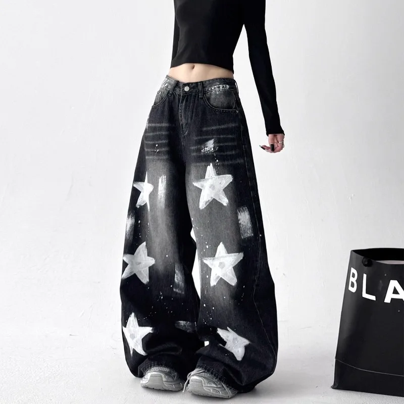 High End Printed Star Black Jeans for Women Autumn 2025 New Street Style Korean Loose Wide Leg Pants Female Clothing