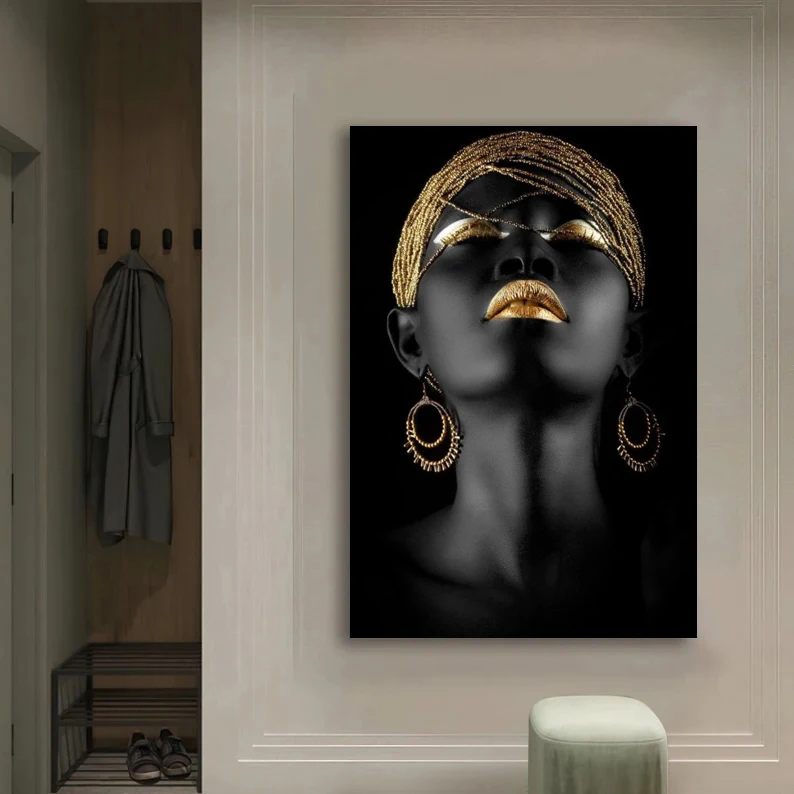 African Flower Woman Potrait Wall Canvas Painting Art Posters and Prints Black Woman Holding Gold Jewelry Picture Home Decor