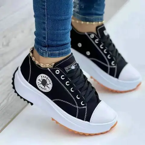 Women’s Pattern Canvas Sneakers  Casual Flat Lace-Up Shoes Zapatillas Mujer Chaussure Femme