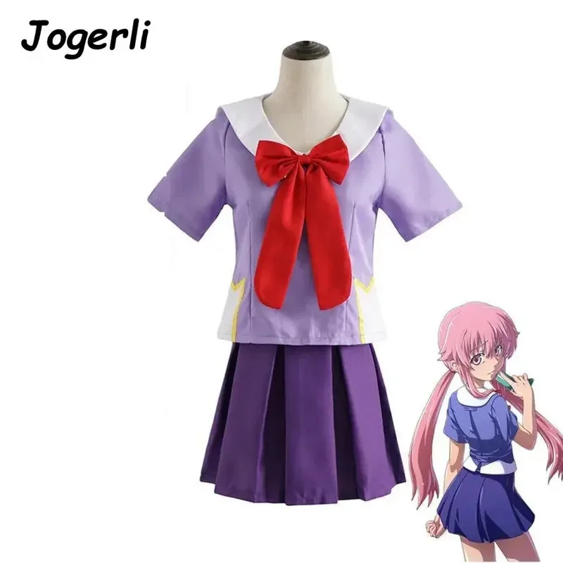 Jogerli Anime Future Diary Mirai Nikki Gasai Yuno disfraces Cosplay traje de marinero uniforme escolar falda peluca mujer disfraz de Halloween
