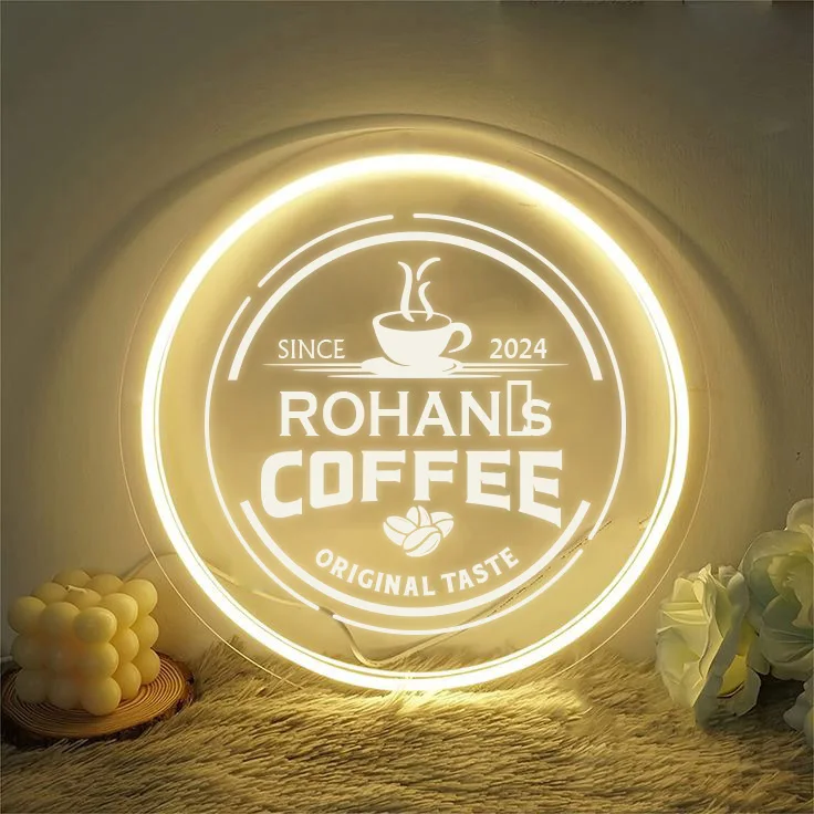 1PC Round Shape Delicious Coffee Warm White Customized Text Neon Night Lamp Acrylic Sign Original Taste For Coffee Bar Decor