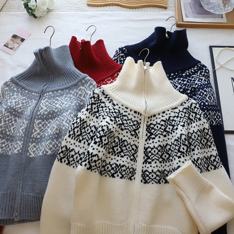 

Retro American Fair Isle Knitted Cardigan ort Women's Sweater Autumn Winter New Sle Double Zipper Flip Collar Coat