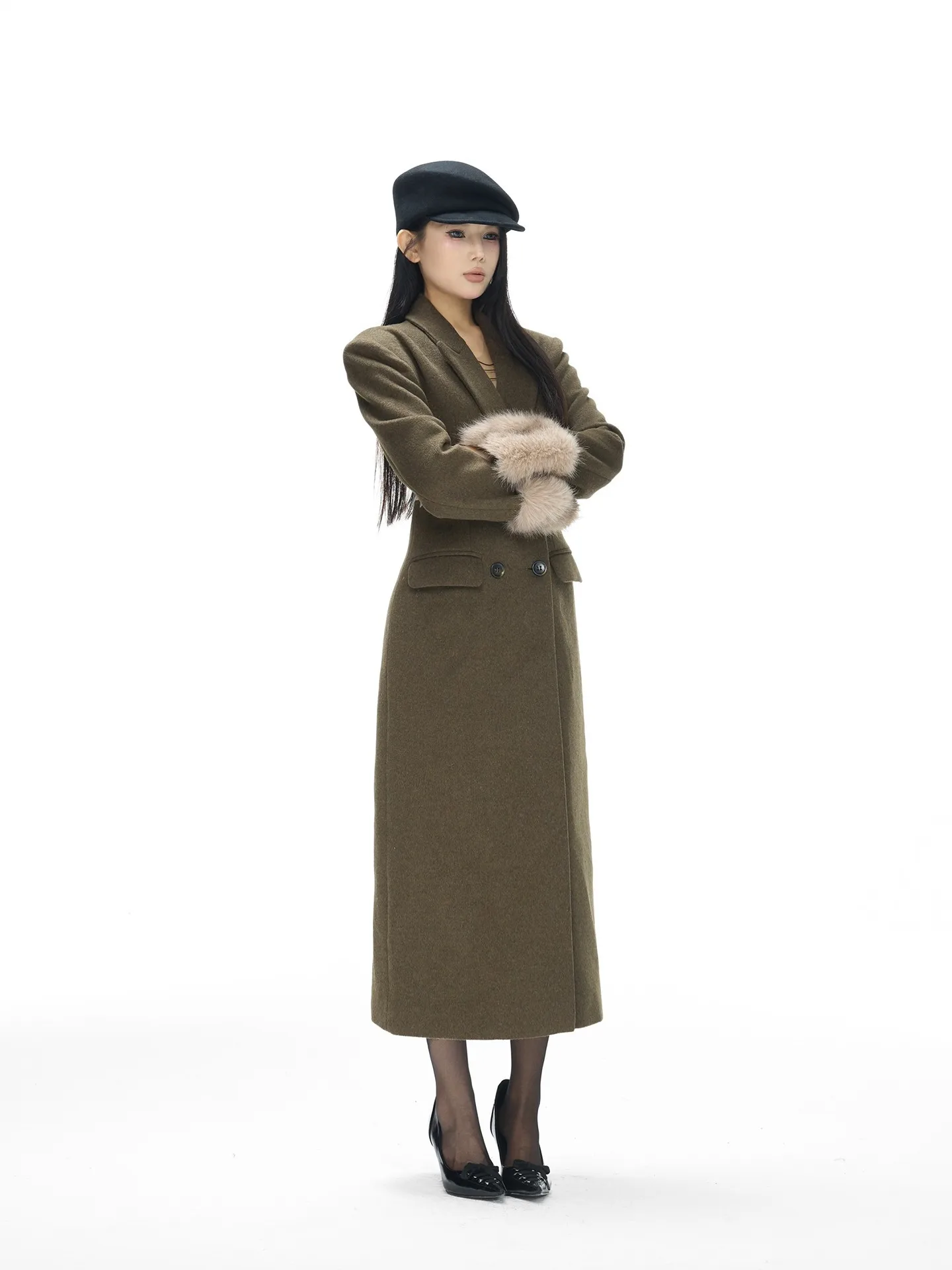 

Длинное шерстяное пальто с отстегивающимся меховым воротником, корейский стиль, приталенный крой, осенне-зимняя верхняя одежда для повседневной носки, длинное пальто