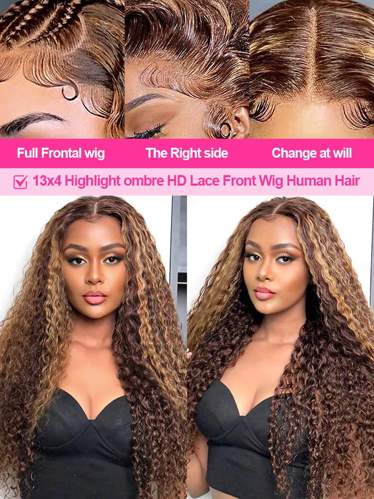 250% Wear and Go Glueless Wigs Highlight Ombre Curly Wigs Brown 13x4 HD Lace Frontal Human Hair Wigs Deep Water Wave Wigs CEXXY image 4