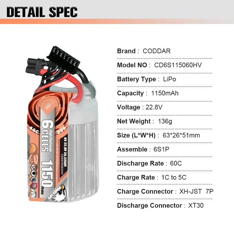 CODDAR 1150MAH 6S 22.8V 60C LIHV long battery life for CineLog35 FPV drone lithium battery