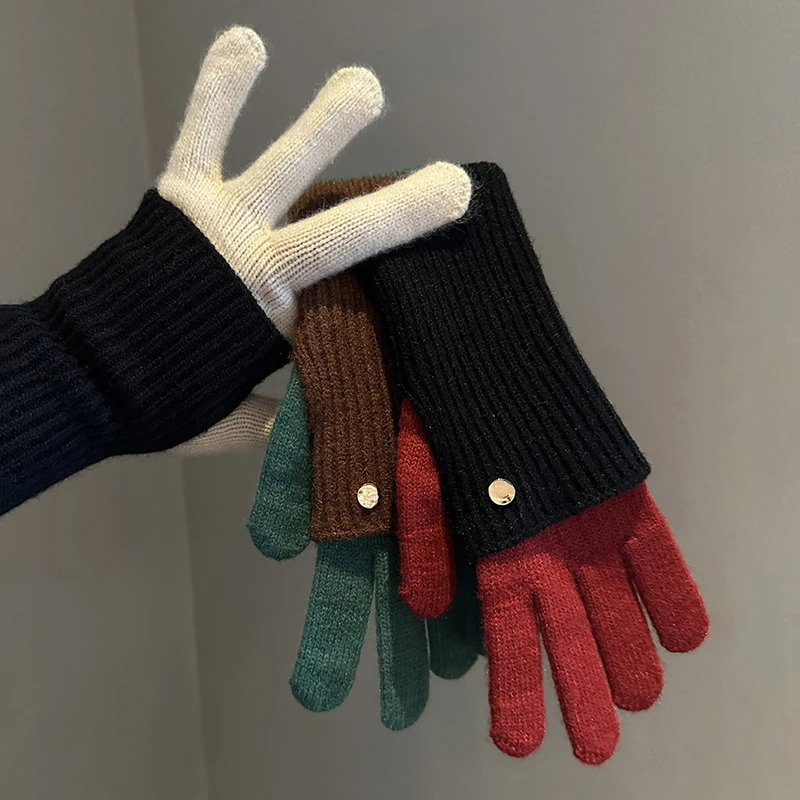 Winter Women's Exposed Finger Touch Screen Warm Long Short Dual-Use Cycling Student Color Blocked Knitted Yarn Gloves