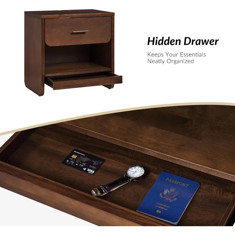 Walnut Nightstand Set of 2 with Charging Station and Hidden Drawer, Bedside Table with Open Storage Shelf, Modern Wo