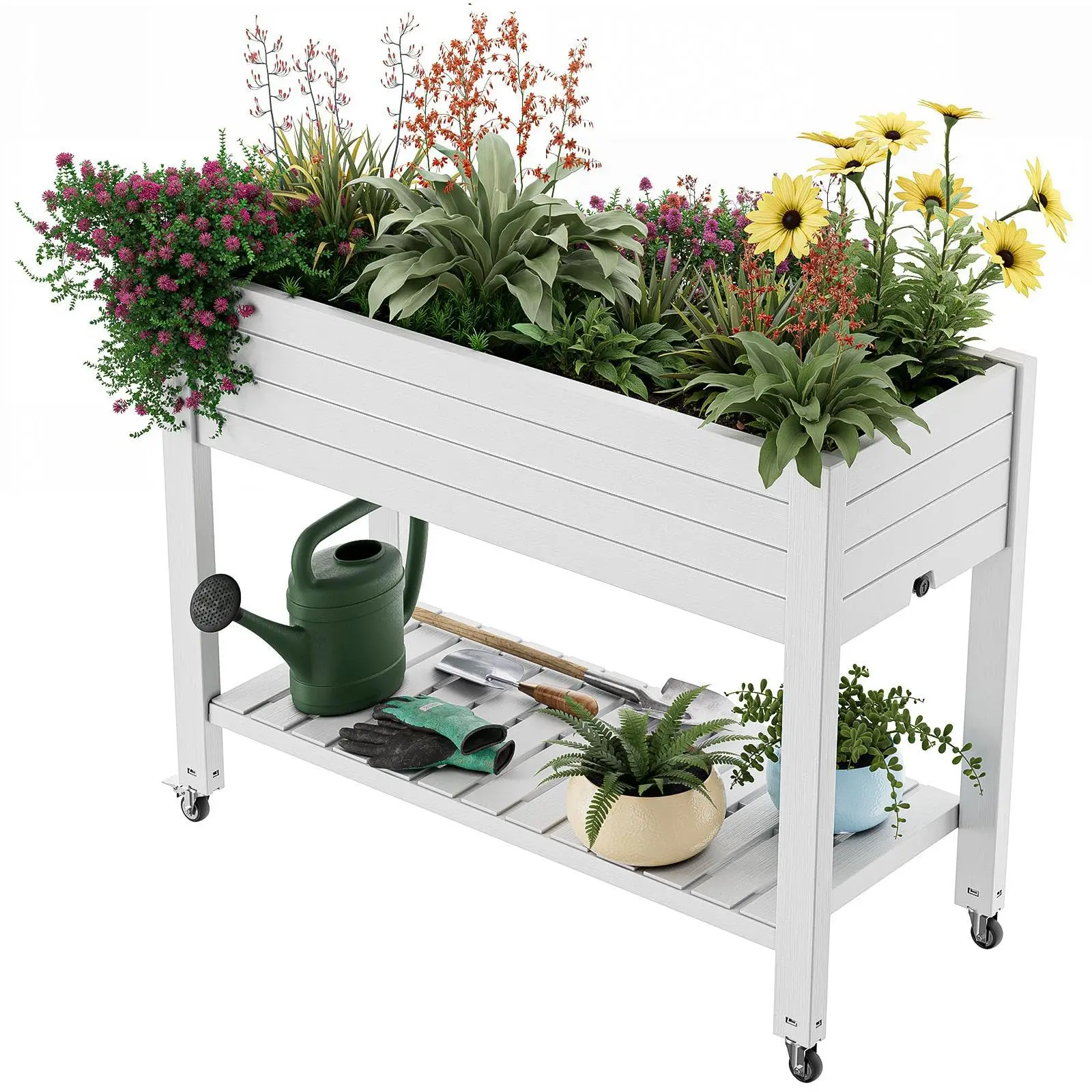 Elevated Raised Garden Bed with Wheels,Outdoor Large Resin Patio Planter Box Stand Divisible with Drain Plug,Water