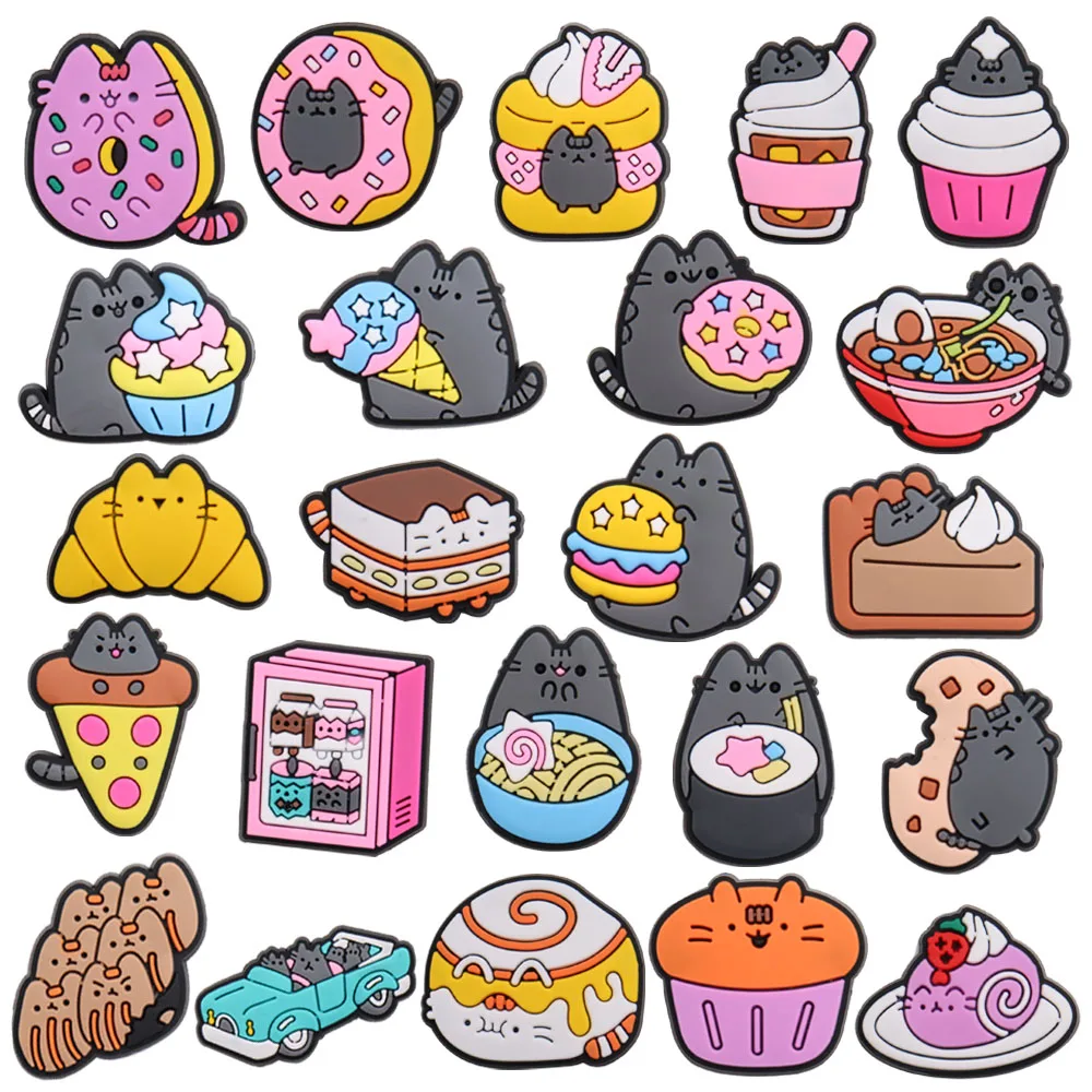 1 pz ciondoli per scarpe in PVC Kawaii Cat Cupcake Pizza Noodles Hamburger gelato fibbia per auto zoccolo foro pantofola ornamenti regalo per feste per bambini