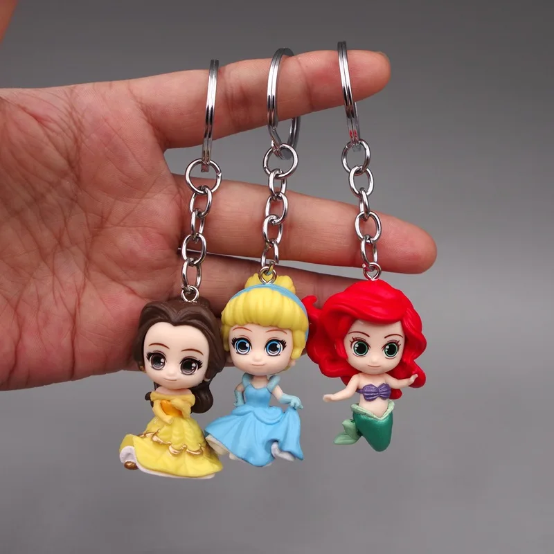 Disney Cartoon Keychain Anime Figure Mermaid Cinderella Rapunzel Car Schoolbag Key Chain Accessory Kids Toys Gift