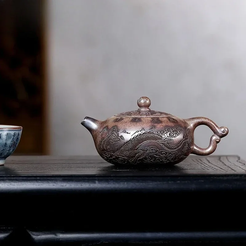 200ml Aesthetic Yixing Purple Clay Teapots Master Handmade Dragon Xishi Pot Raw Ore Agilawood Section Mud Kettle Zisha Tea Set
