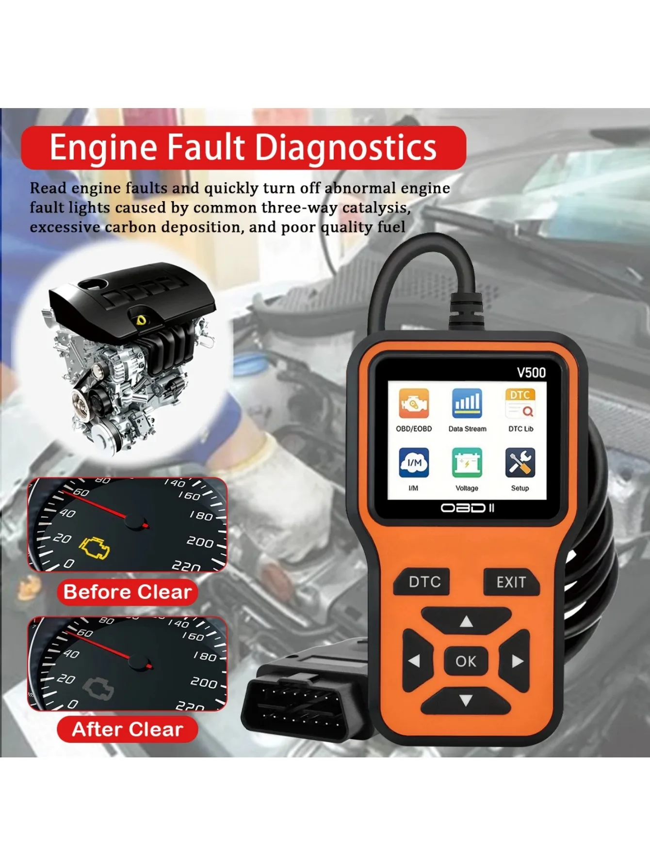 Car OBD2 Scanner Diagnostic Tool Code Reader, Car Voltage Tester Engine Fault Code Scanner, Charging Tester Diagnostic Tool V500 image 2